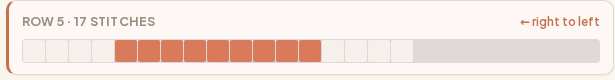 Row block strip: ROW 5 · 17 STITCHES · ← right to left, with colored cell sequence