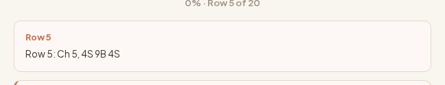 Row text panel close-up: Row 5, Ch 5, 4S 9B 4S