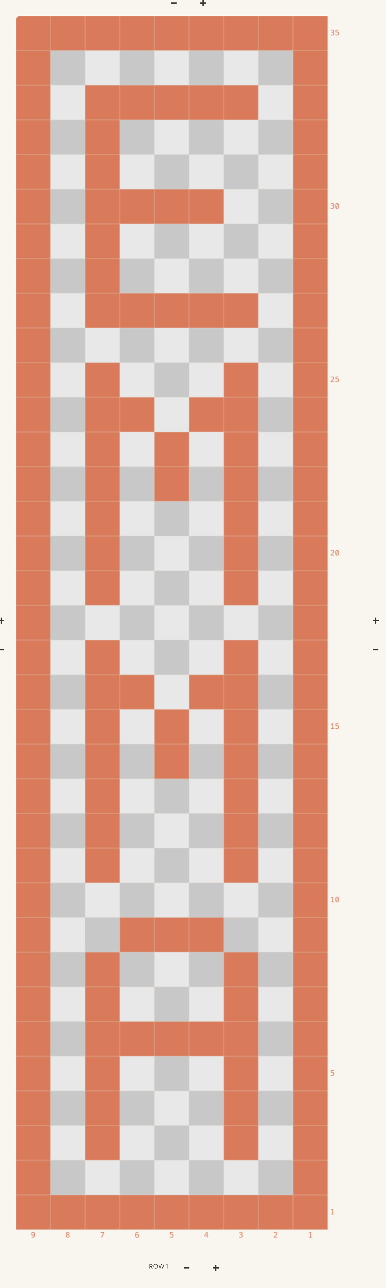 The name EMMA charted as a filet crochet bookmark strip in CrochetPop's filet maker — letters stacked down the numbered 9×35 grid in solid blocks and open mesh, inside a solid border