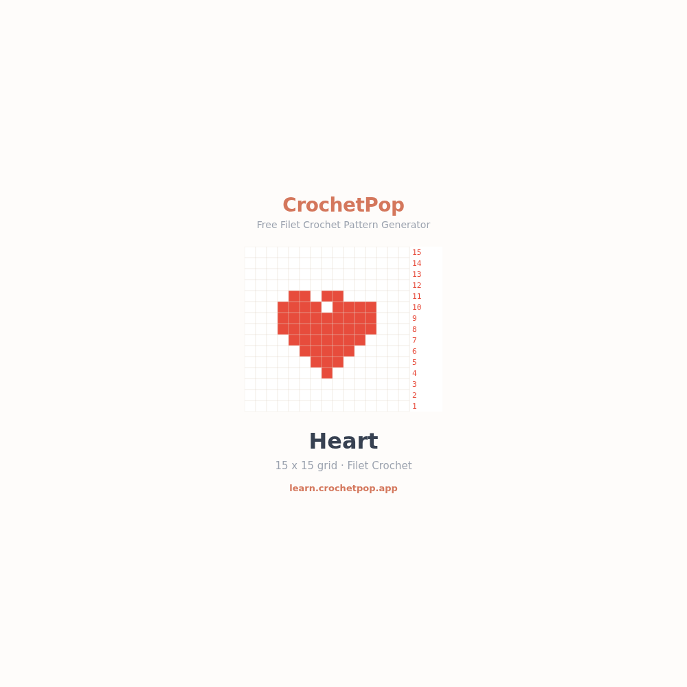 Filet crochet chart of a heart on a 15-by-15 grid — filled squares form the heart, open squares are the mesh background, numbered 1 to 15 up the side