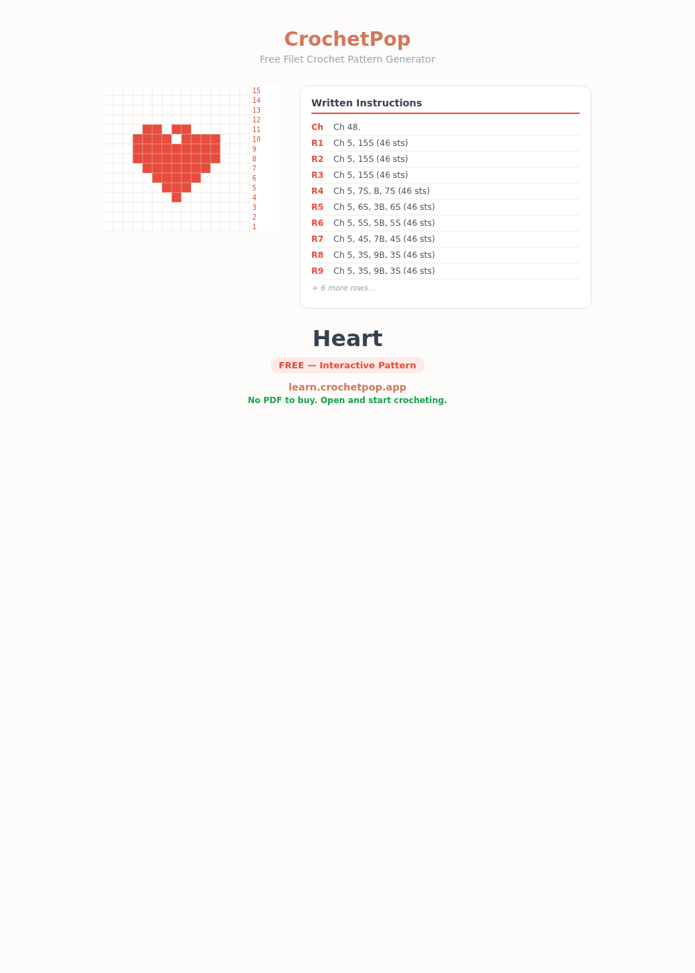The same filet heart chart shown beside its written row-by-row instructions, e.g. Row 4: Ch 5, 7S, B, 7S (46 sts)