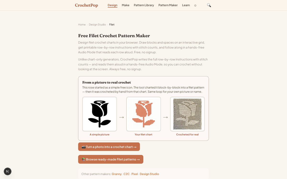 The CrochetPop filet pattern maker page — a rose turned from a picture into a filet chart, then a real crocheted rose, with buttons to turn a photo into a chart